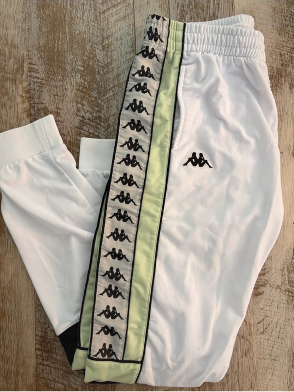 Kappa White Joggers with Black Logo and Light Green Side Stripe